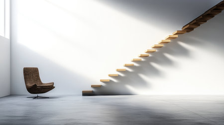 A bright, minimalist room featuring floating wooden stairs and a modern armchair, showcasing an elegant and spacious interior with natural lighting.の素材