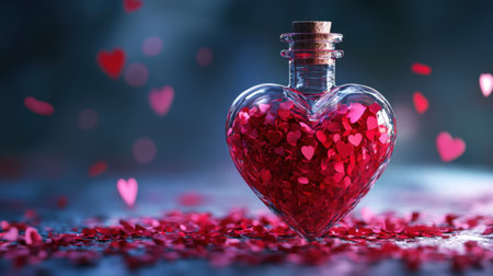 A stunning glass heart-shaped bottle filled with vibrant red hearts and glitter, set against a dreamy background, perfect for romantic occasions or Valentine's Day celebrations.の素材