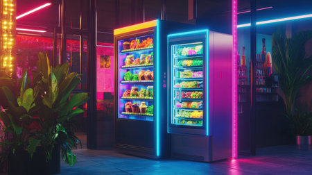 Explore a captivating urban scene featuring modern vending machines bathed in neon lights, surrounded by lush greenery, creating a unique and inviting atmosphere for nighttime consumers.の素材