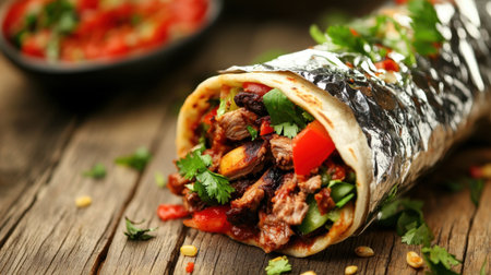 Discover a mouthwatering burrito wrapped in foil, featuring fresh vegetables and savory meat, beautifully presented on a rustic wooden table setting.の素材