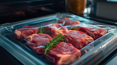Freshly cut beef steaks presented in vacuum-sealed packaging with a sprig of rosemary, perfect for meal preparation and cooking delicious recipes at home.の素材