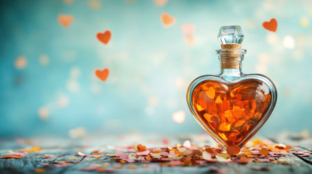 Captivating image of a heart-shaped glass bottle filled with orange liquid, surrounded by colorful heart confetti, set on a rustic wooden surface, evoking romance and celebration.の素材