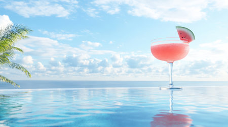 A vibrant pink cocktail sits by the pool, reflecting the serene sky and clouds above, perfect for embodying summer vibes and relaxation in a tropical paradise.の素材