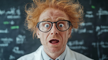 A surprised scientist with wild hair and large glasses shows shock in a laboratory setting, surrounded by a blackboard filled with complex scientific equations and notes.の素材