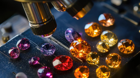 This close-up image showcases a variety of colorful gemstones under a microscope, emphasizing intricate details, reflections, and the beauty of each piece for educational purposes.の素材