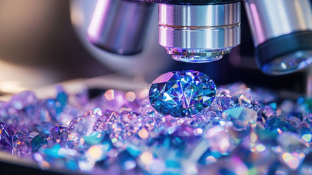 This captivating macro image features a glittering gem positioned under a microscope, showcasing vibrant reflections and intricate details suited for scientific analysis.の素材
