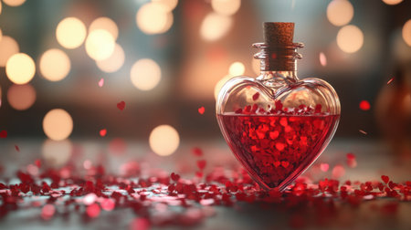 A beautifully crafted heart-shaped glass bottle filled with vibrant red hearts and liquid, set against a backdrop of soft bokeh lights, perfect for expressing love and romance.の素材
