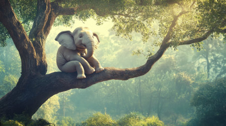 An enchanting scene featuring a playful elephant perched on a tree branch, surrounded by lush foliage and bathed in soft, ethereal light, evoking a sense of wonder and harmony in nature.の素材