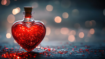 A stunning heart-shaped bottle filled with red glitter, set against a soft bokeh background, ideal for themes of love and romance, perfect for creating heartfelt designs.の素材