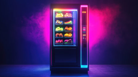 A vibrant neon vending machine showcases a variety of snacks and drinks, creating an appealing visual in a darkened space, perfect for marketing modern food experiences.の素材