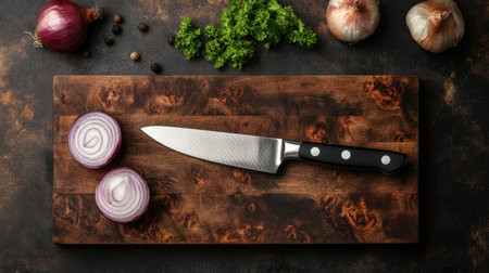 A sharp knife rests on a wooden cutting board, showcasing freshly sliced red onions alongside herbs and spices, perfect for culinary preparations and food styling.の素材