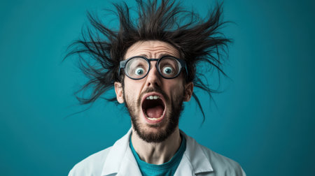 A man dressed as a scientist displays shock and excitement with wild hair and glasses, creating a playful and energetic atmosphere against a bright blue backdrop.の素材