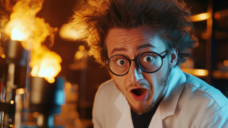 An enthusiastic scientist displays a shocked expression amidst flames in a laboratory, emphasizing the thrilling and unpredictable nature of scientific discovery.の素材