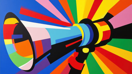 This vivid abstract illustration features a megaphone bursting with color and energy, symbolizing powerful communication and expressive art in a modern style.の素材