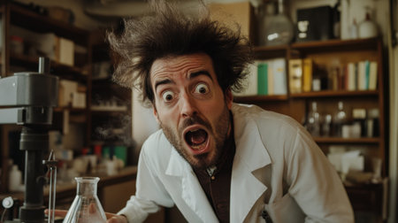 A male scientist displays a shocked expression in a laboratory, with wild hair and a beaker in hand, embodying the thrill of scientific discovery and unexpected results.の素材