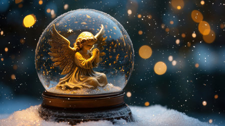 This enchanting snow globe captures a serene angel in prayer, surrounded by shimmering snowflakes, creating a magical winter scene filled with warmth and tranquility.の素材