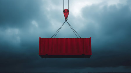 A red shipping container is carefully lifted by a crane against a backdrop of dark ominous clouds, illustrating the complexities of transportation and global trade challenges in logistics.の素材