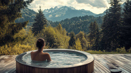 A tranquil scene featuring a person enjoying a hot tub with stunning mountain views, surrounded by lush greenery and a serene atmosphere perfect for relaxation and rejuvenation.の素材