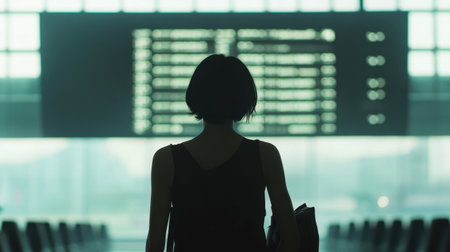 A striking silhouette of a woman stands in front of a departure board at an airport, symbolizing the anticipation and excitement of travel and new adventures.の素材