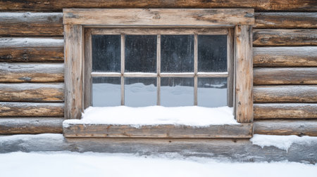 A picturesque snow-covered window on a rustic log cabin, showcasing winter's charm with frost and icicles, radiating a cozy and inviting atmosphere.の素材