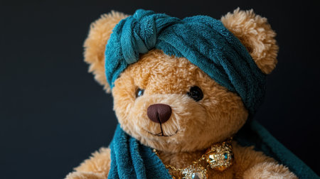 Adorable teddy bear adorned with a teal headscarf and sparkling golden jewelry, set against a dark backdrop; an inviting image for gifts, decor, or playful projects.の素材