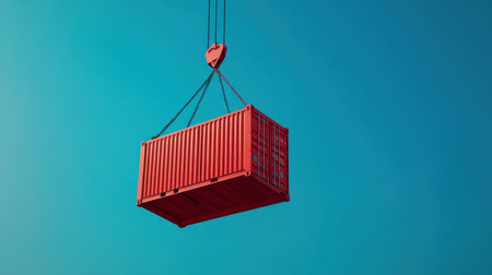 A bright red shipping container hangs in midair, captured against a clear blue sky. This image represents the logistics and cargo transportation sectors effectively and vividly.の素材