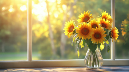 A stunning bouquet of sunflowers in a glass vase positioned near a window, bathed in warm sunlight, creating a serene and inviting atmosphere perfect for any decor.の素材