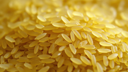 A detailed close-up of yellow rice grains, highlighting their smooth and glossy texture, ideal for food-related projects, recipes, or culinary designs.の素材