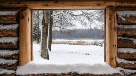 A beautiful view of a snowy landscape captured through a rustic log cabin window. The scene presents a tranquil river and leafless trees, evoking a serene winter atmosphere.の素材
