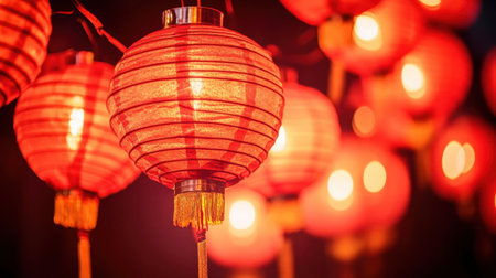 A collection of vibrant red lanterns brings warmth and a festive spirit, illuminating the night with their soft glow, perfect for celebrations and cultural events.の素材