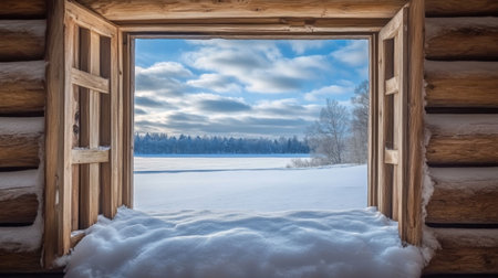 A stunning view from an open wooden window showcases a serene winter landscape with fresh snow, a calm lake, and a beautiful blue sky, inviting a sense of peace.の素材