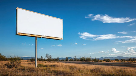 An empty billboard stands on a rural road under a bright blue sky, offering a blank canvas for advertisements, surrounded by peaceful nature and open spaces.の素材