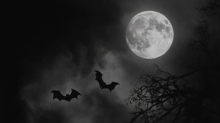 Experience a haunting night scene featuring a full moon and soaring bat silhouettes amidst dark clouds and bare trees, creating an eerie atmosphere perfect for Halloween themes.の素材