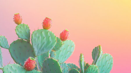 This stunning image features a vibrant cactus adorned with colorful fruits set against a soft pastel gradient background, creating a serene and refreshing atmosphere.の素材