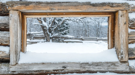 A serene view through a rustic wooden window, showcasing a snowy landscape with frost-covered trees, ideal for capturing the essence of winter tranquility and rural charm.の素材