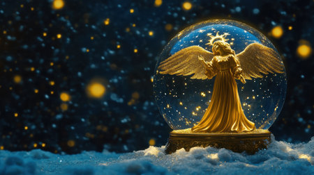 A stunning golden angel figurine inside a snow globe, surrounded by sparkling snowflakes, evokes a serene and magical holiday spirit perfect for winter decor.の素材
