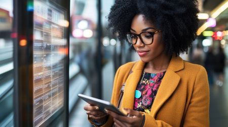A stylish young woman with natural hair uses a tablet at a train station, blending technology with urban life in a vibrant and modern setting.の素材