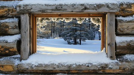 Snowy forest landscape viewed through a rustic wooden window frame, showcasing sunlit trees and a serene snowy ground, perfect for capturing the beauty of winter.の素材