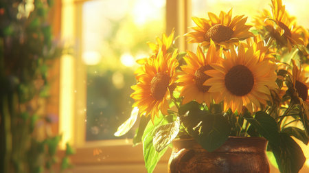 A stunning arrangement of sunflowers in a pot basking in warm sunlight by a window, creating a vibrant and inviting scene full of life and warmth. Perfect for nature lovers.の素材