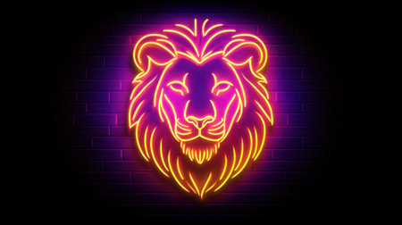 This vivid neon lion illustration showcases a striking design set against a dark brick background, perfect for modern and stylish interior decor.の素材
