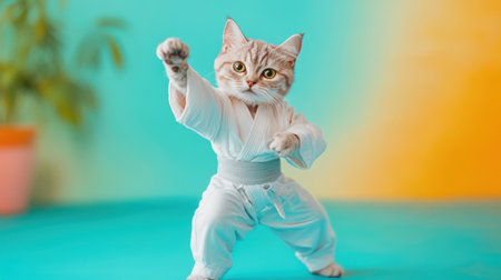 A cute cat dressed in a martial arts uniform confidently poses and practices karate moves against a vibrant and colorful background, showcasing its playful nature.の素材