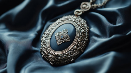 This stunning vintage silver pendant features an intricate design, resting on a luxurious dark fabric background, perfect for showcasing elegance and timeless beauty in jewelry.の素材