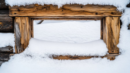 A charming rustic wooden window partially covered in soft white snow, showcasing the serene beauty of winter in a cozy cabin setting. Perfect for seasonal themes.の素材