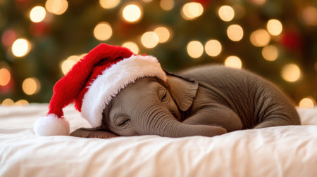 A baby elephant peacefully napping on a soft blanket, adorned with a festive red Santa hat, surrounded by a warm bokeh of Christmas lights, embodying holiday joy.の素材