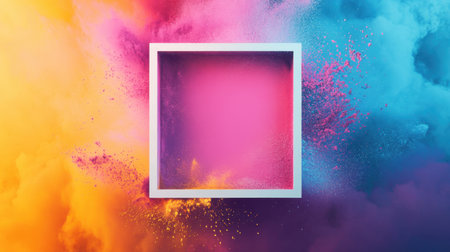This image features a dynamic color explosion around a white square frame, creating a vibrant and artistic look that inspires creativity and imagination. Perfect for various projects.の素材