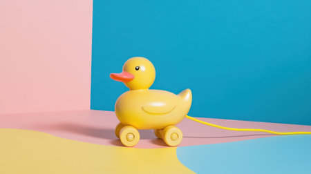 Bright and playful yellow duck toy on wheels sits against a vibrant pastel background, evoking joyful memories and creative possibilities for children and design enthusiasts alike.の素材