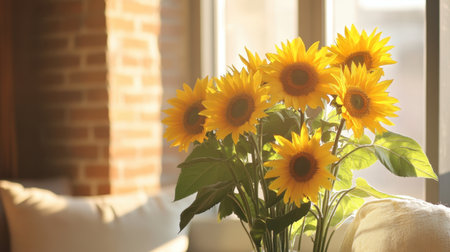 A beautiful arrangement of bright sunflowers in a vase, illuminated by warm sunlight, creating a cheerful and cozy atmosphere perfect for home decor and inspiring lifestyle themes.の素材