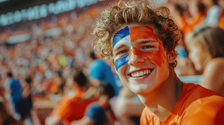 A joyful young male fan displays colorful face paint while smiling among a lively crowd, embodying the spirit of a vibrant outdoor sports event filled with excitement and unity.の素材