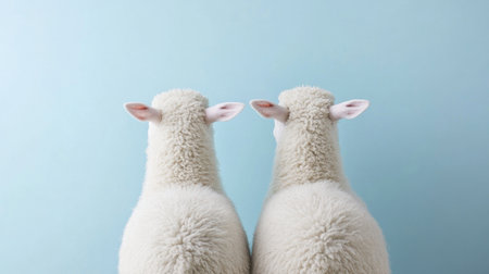 Captivating image of two fluffy sheep viewed from the back, set against a soft blue backdrop. This photo encapsulates peace, tranquility, and the charm of rural life.の素材
