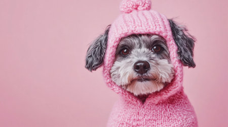 This charming small dog wears a soft pink knit sweater with a cute pom-pom hat, set against a lovely pink background, embodying warmth and pet fashion in style.の素材